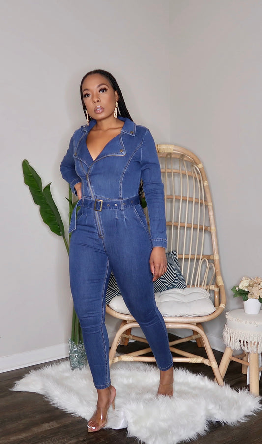 Power Play Denim Long Sleeve Jumpsuit