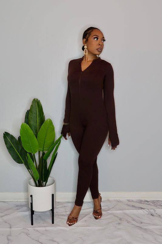 Essential Long Sleeve Jumpsuit- Chocolate