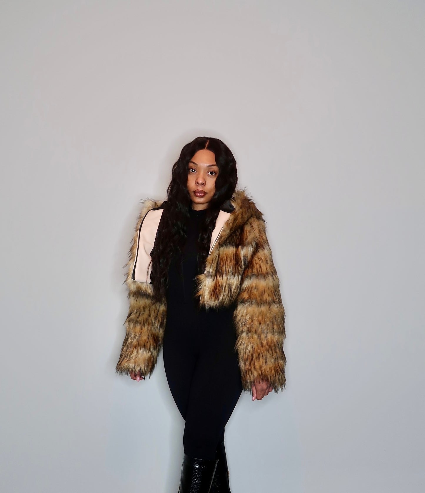 Cropped Faux Fur Bomber- Natural