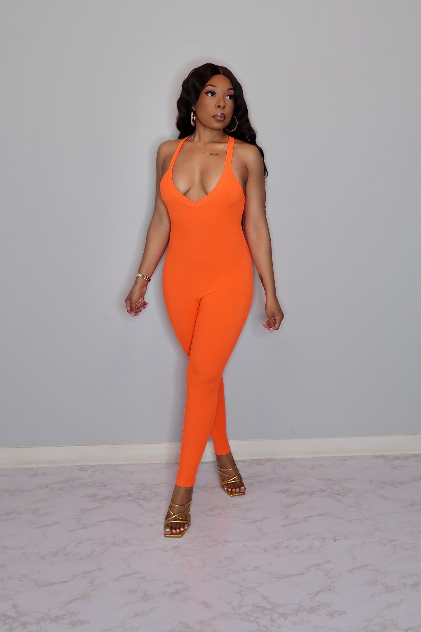 Peri Ribbed Criss Cross Jumpsuit- Tangerine