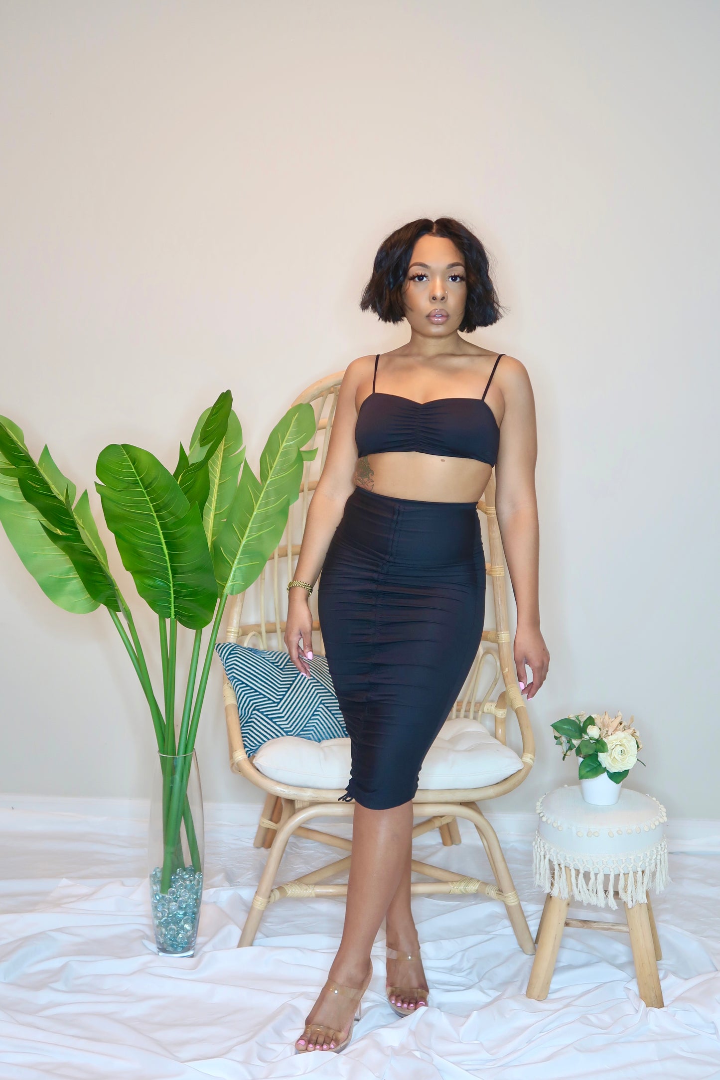 Ruched and Ready Skirt Set-Black