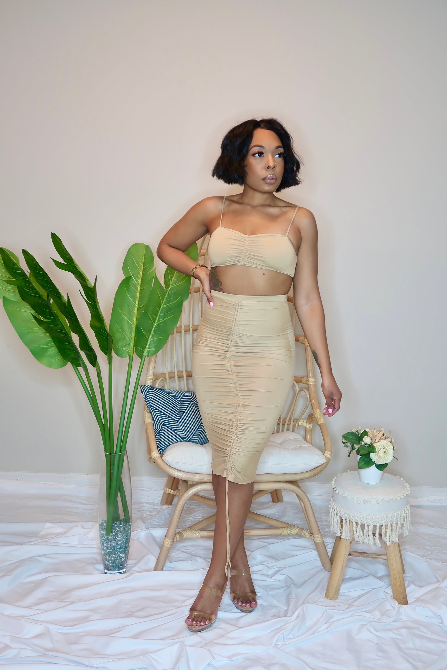 Ruched and Ready Skirt Set-Nude
