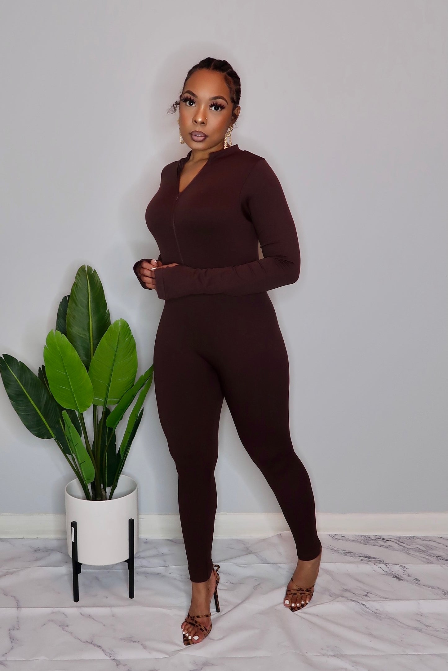 Essential Long Sleeve Jumpsuit- Chocolate