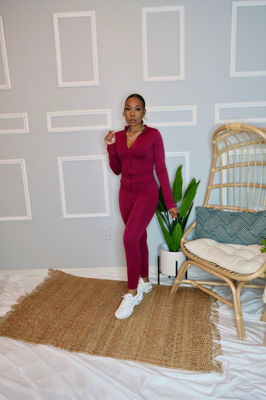 Pull up Long Sleeve Set-Wine