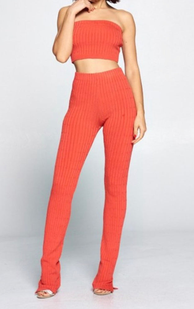 Orange knitted ribbed two piece pants set with split detail  women’s clothing women’s two piece sets women’s set in clothing