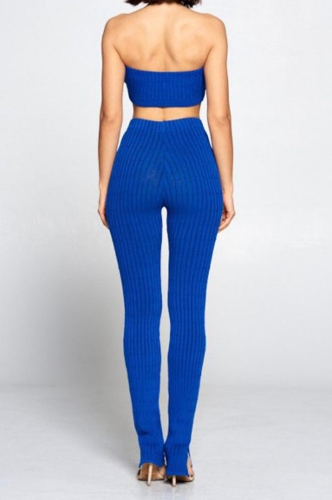 Blue Knitted ribbed two piece pants set with split detail women’s clothing women’s two piece sets women’s set in clothing