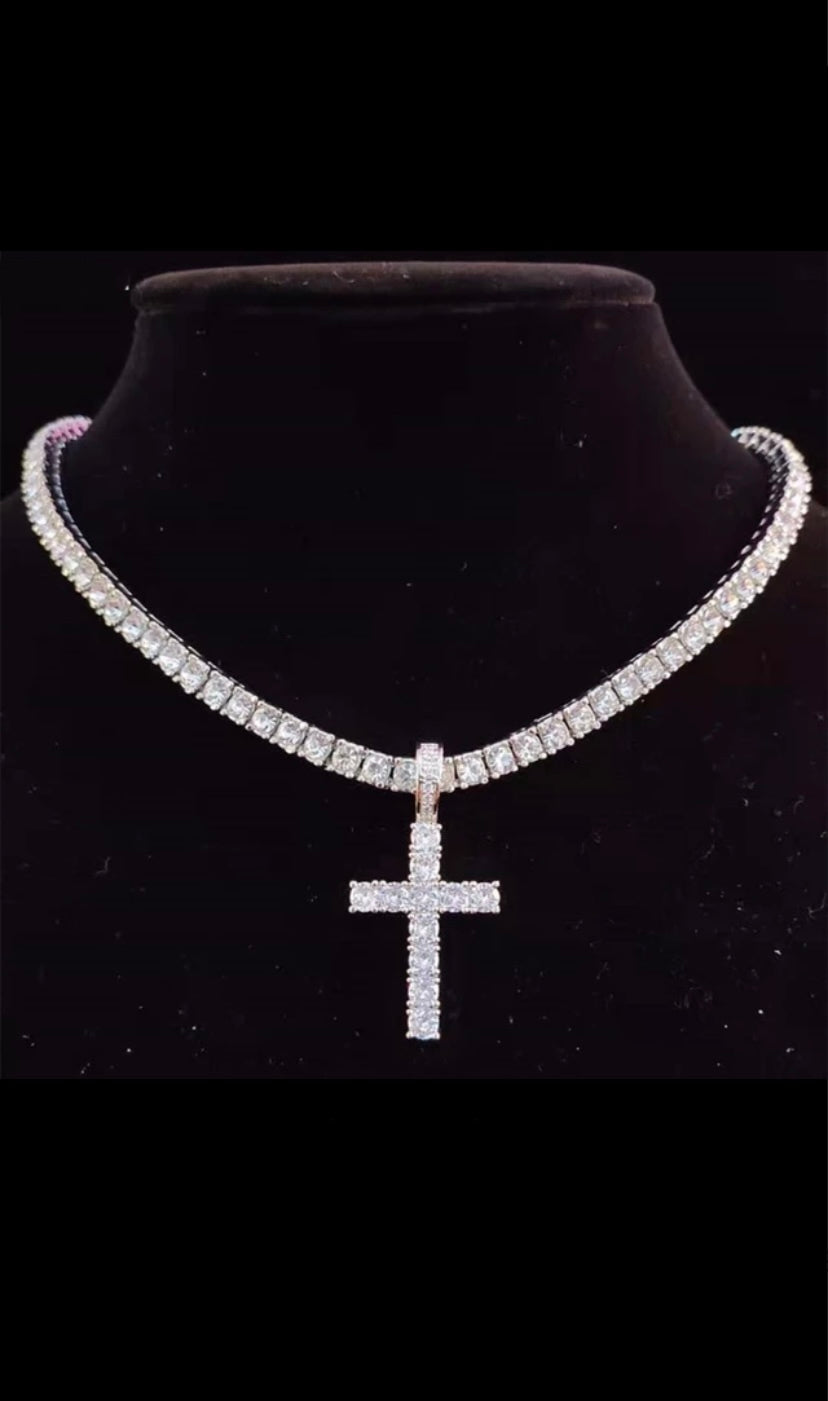Diamond Cross Pendant Tennis Necklace