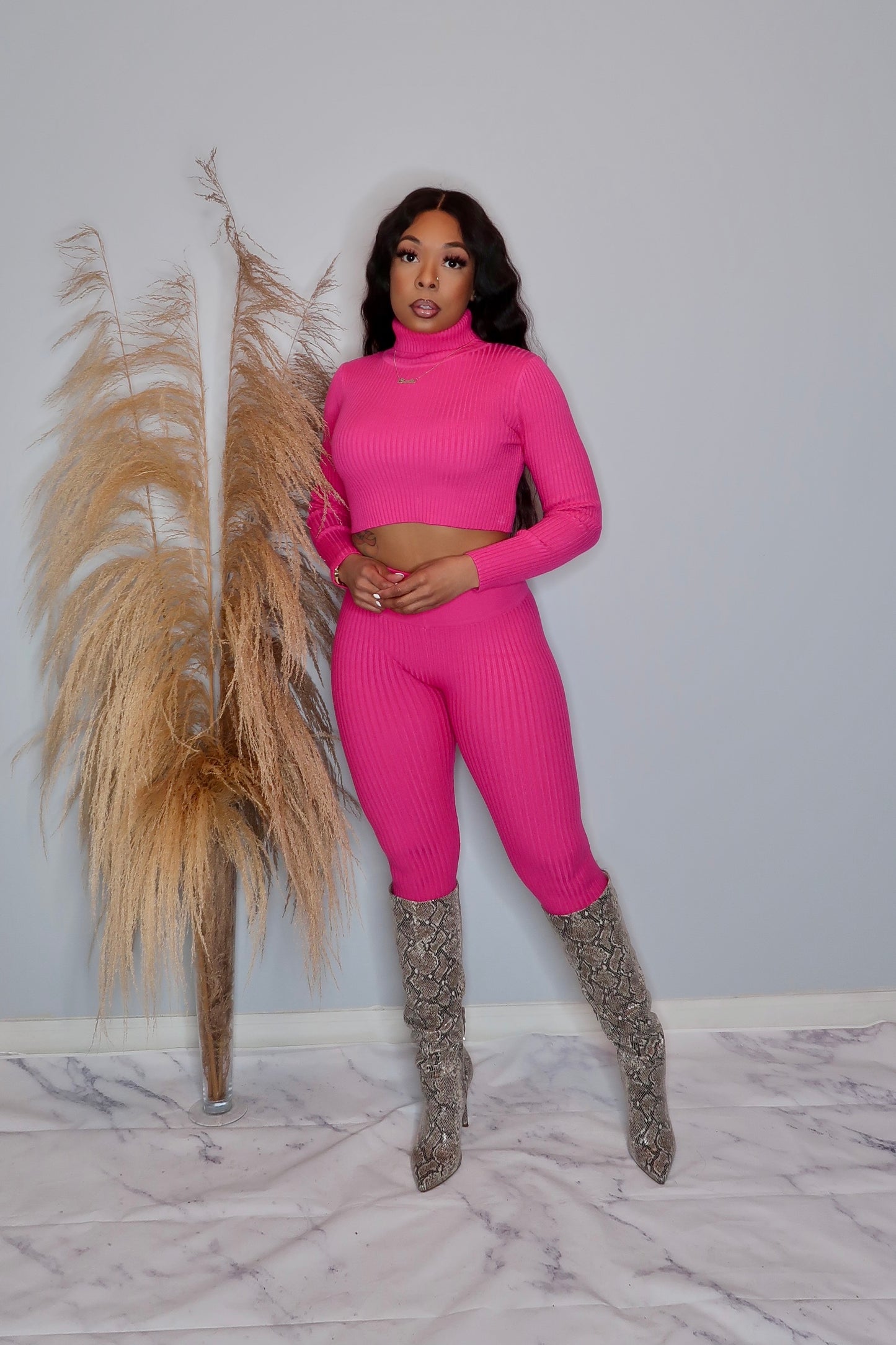 Lolani Two Piece Cropped Sweater Set- Fuchsia