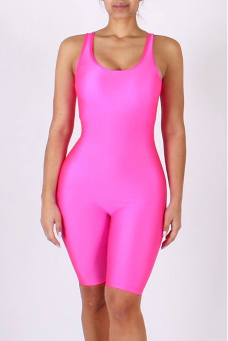 Women’s knee length spandex unitard in neon pink 