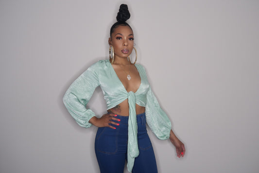 Tie front satin cropped top with bell sleeves