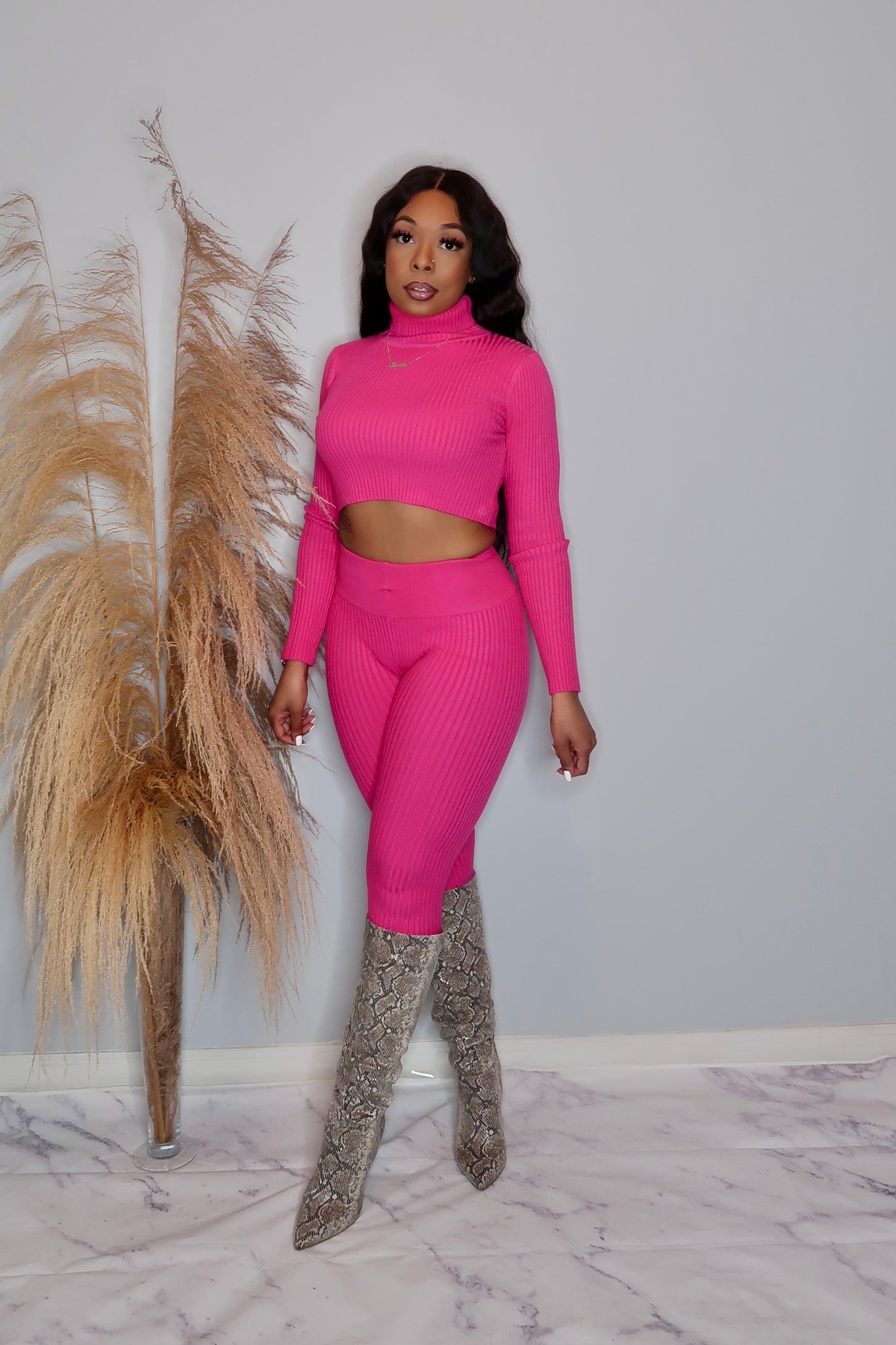 Lolani Two Piece Cropped Sweater Set- Fuchsia