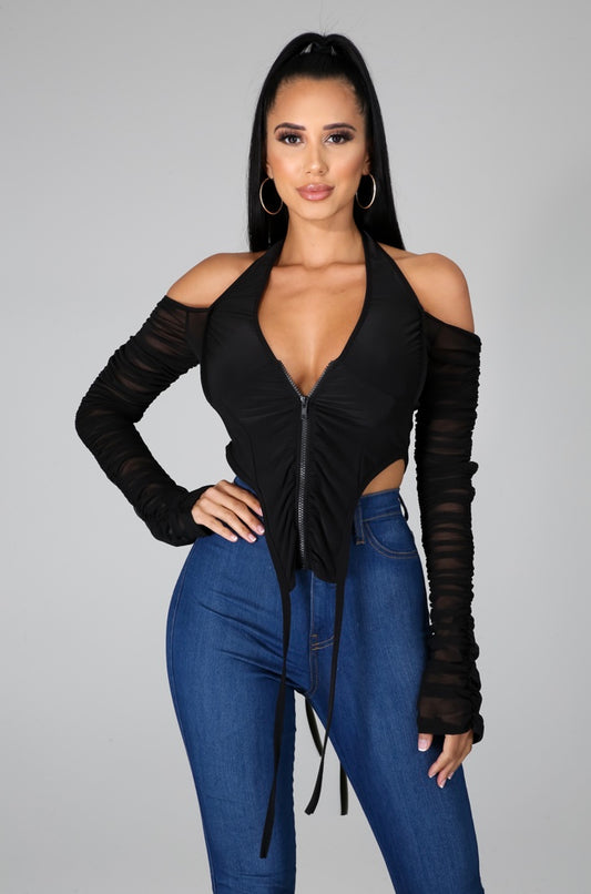 Exquisite Ruched Cut Out Shoulder Top- Black