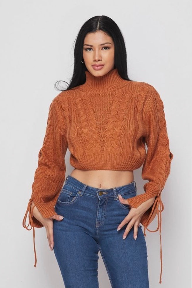 Knit cropped sweater with a textured rib also features sleeve detail women’s sweaters 