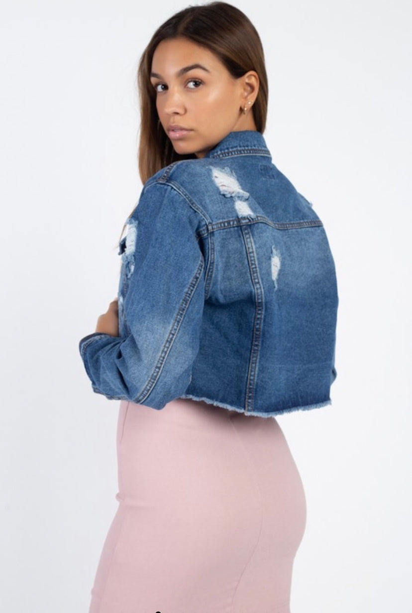 Women’s cropped Medium wash distressed denim jacket  