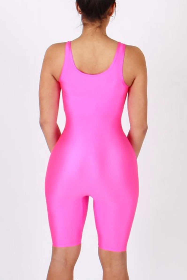 Women’s knee length spandex unitard in neon pink 