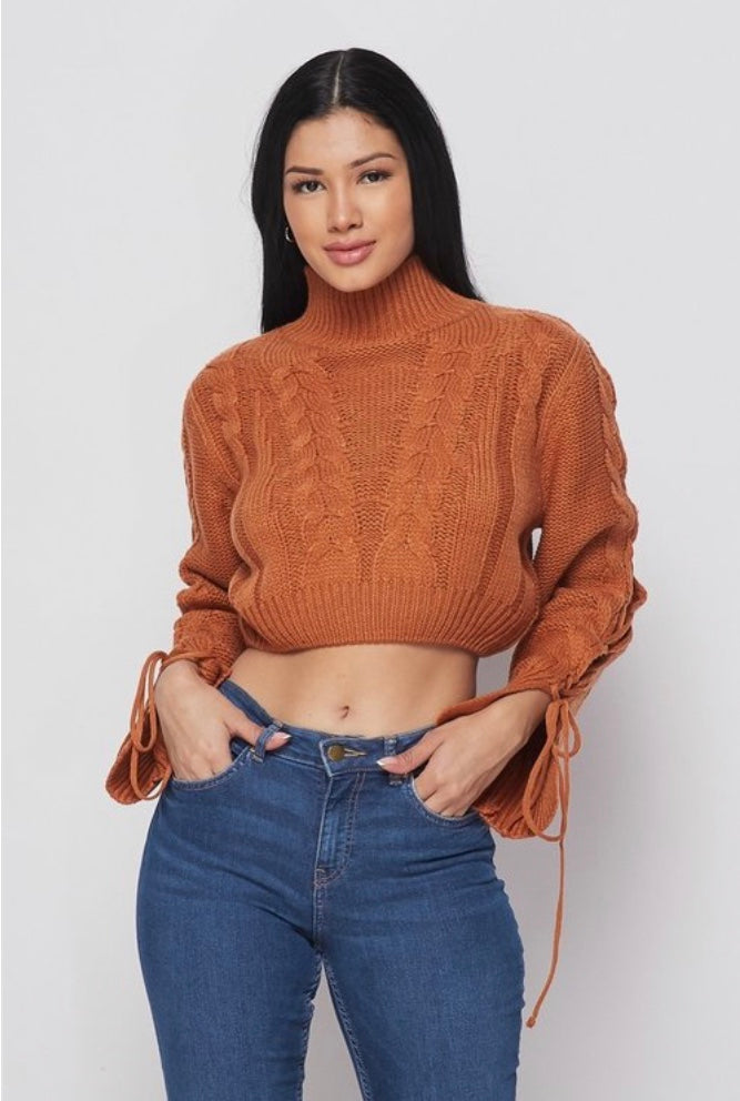 Knit cropped sweater with a textured rib also features sleeve detail women’s sweaters 