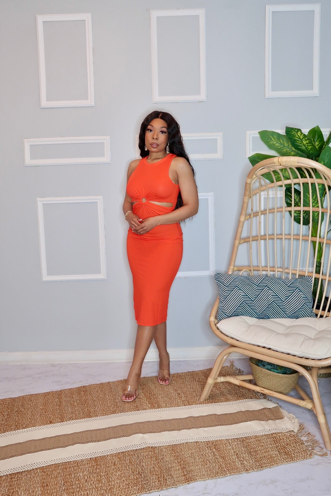 Simone Cutout Side Slit Midi Dress-Orange
