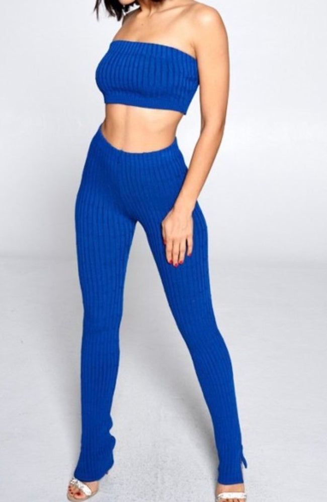 Blue Knitted ribbed two piece pants set with split detail women’s clothing women’s two piece sets women’s set in clothing
