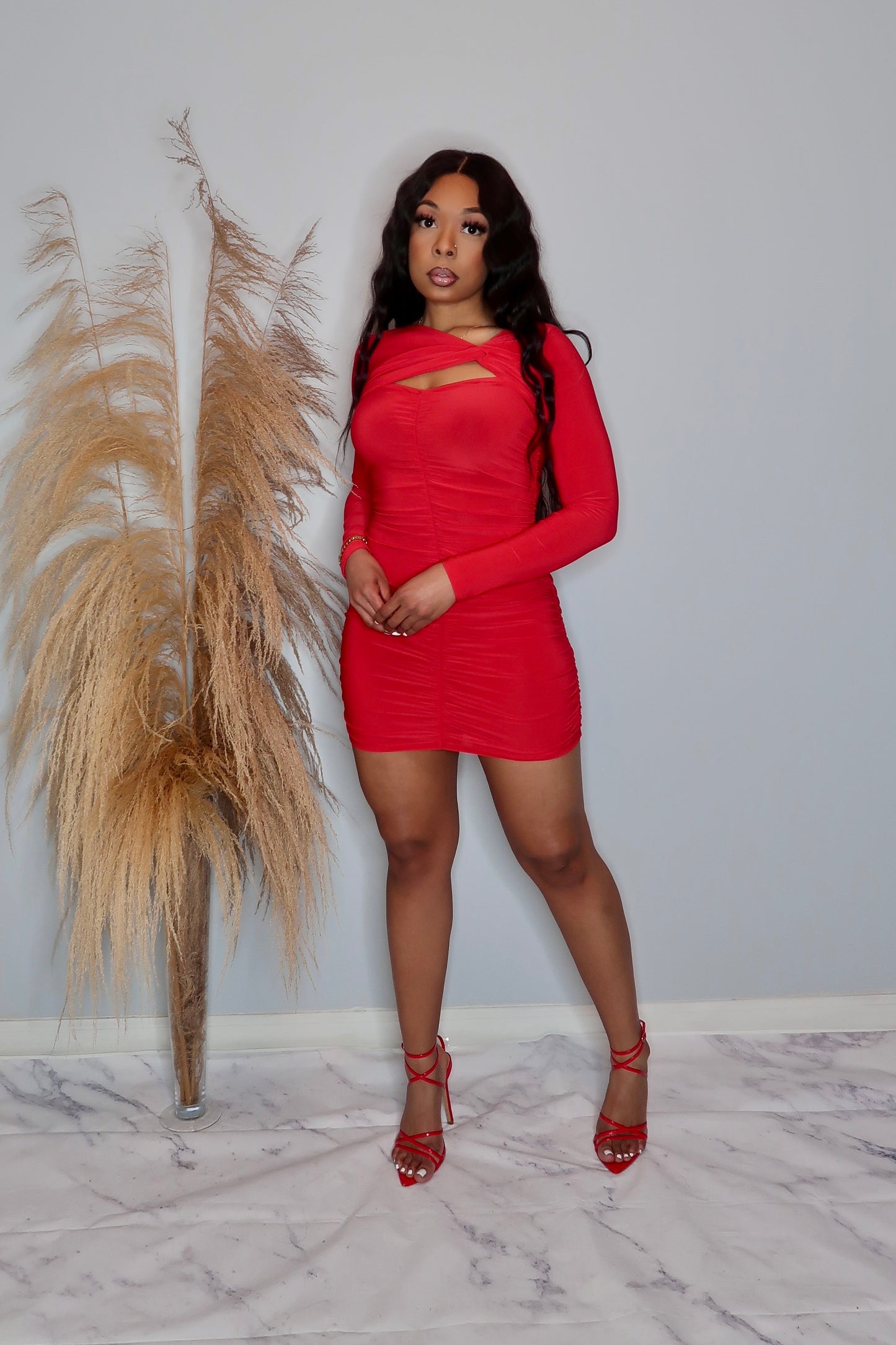 Center Stage Ruched Dress- Red